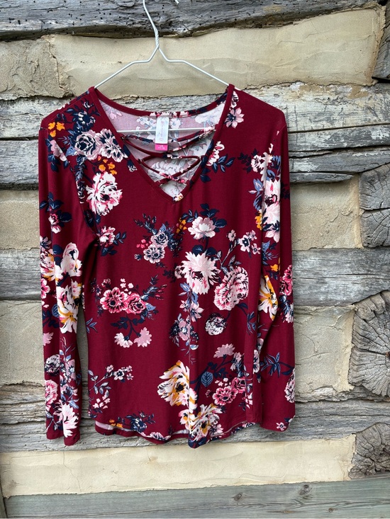 No Boundaries Tops - No Boundaries Women’s Burgundy Floral Crisscross Long-Sleeve Top Size L (11-13)